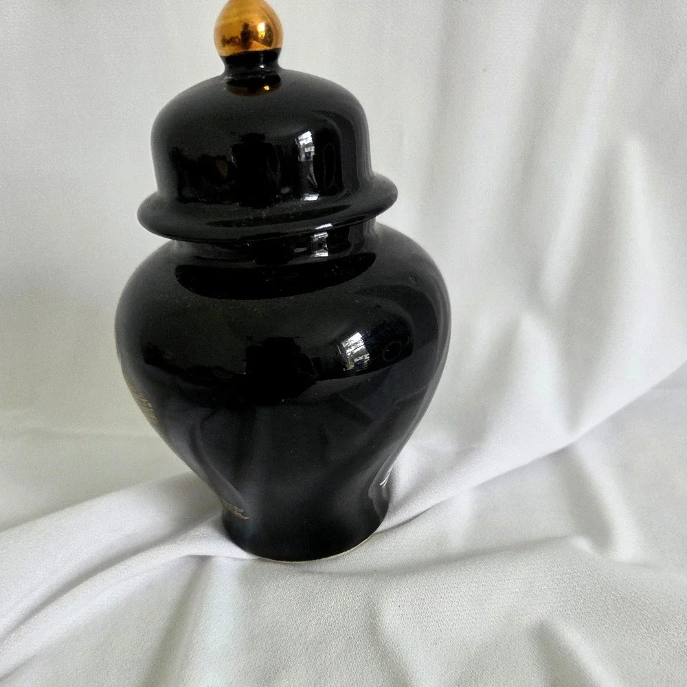 Shibata Japan Black Porcelain Jar White Cranes Gold Accents 5 Inch